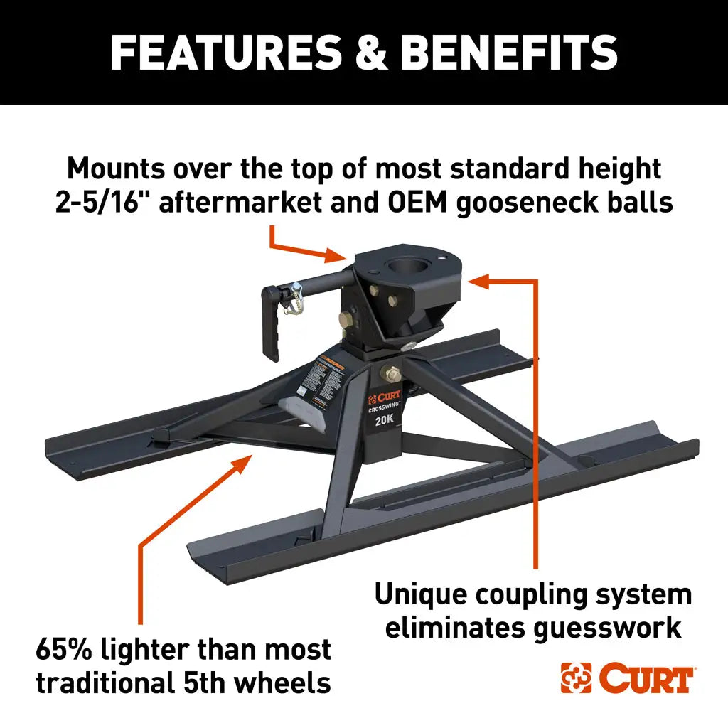 CURT 16051 CrossWing 20K 5th Wheel Hitch with Bed Protectors for 2-5/16" Gooseneck