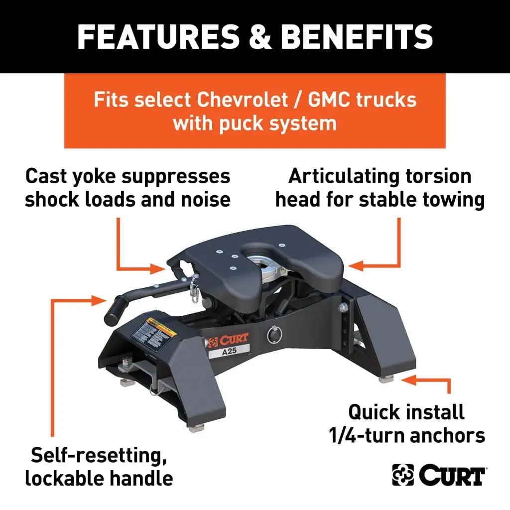CURT 16093 A25 5th Wheel Hitch, Select Silverado, Sierra 2500, 3500 HD, 8' Bed Puck System