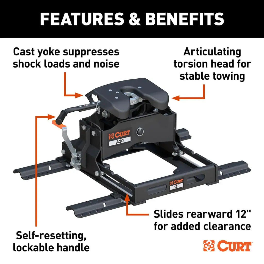 CURT 16631 A20 Sliding 5th Wheel Hitch with Rails, 20,000 lbs.