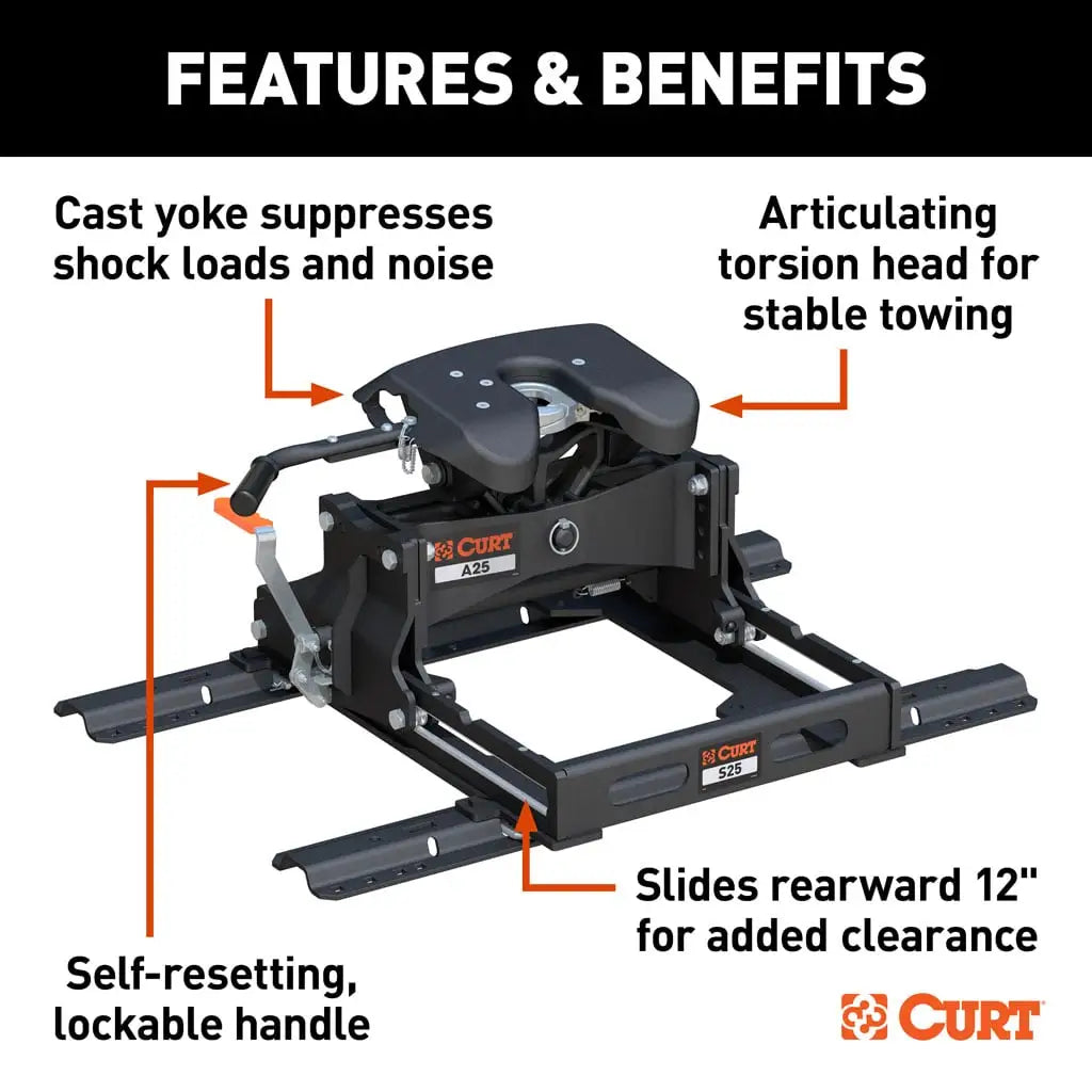 CURT 16651 A25 Sliding 5th Wheel Hitch with Rails, 25,000 lbs.
