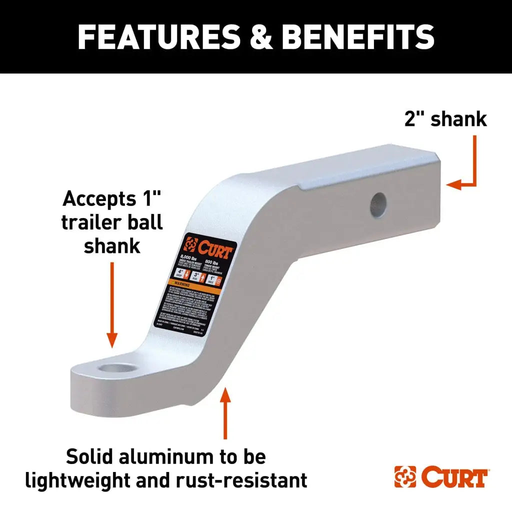 CURT 45361 Aluminum Ball Mount (2" Shank, 8,000 lbs, 4" Drop, 8-1/2" Long)