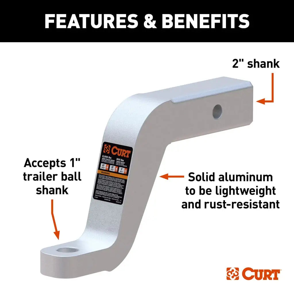CURT 45362 Aluminum Ball Mount (2" Shank, 8,000 lbs, 6" Drop, 8-1/2" Long)