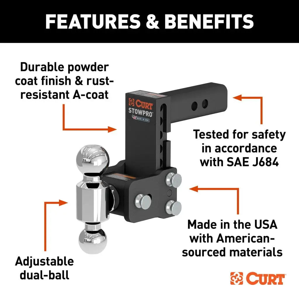 CURT 45961 StowPro USA-Made Ball Mount, 5" Drop, 2" Shank, Dual Ball