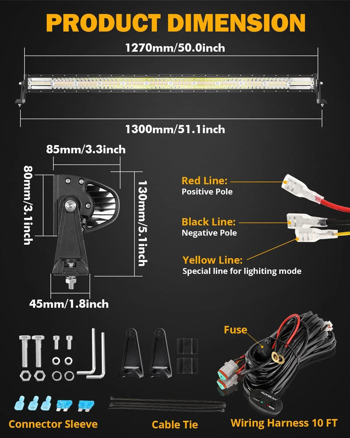 Auxbeam AUX-ZD000807 50in 6 Modes White & Amber Straight Off Road LED Light Bar