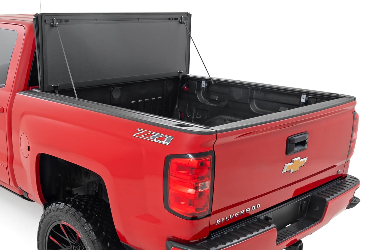 Hard Tri-Fold Flip Up Bed Cover | 6'7" Bed | Rail Cap | Chevy/GMC 1500/2500HD/3500HD (14-19) - Bed Covers (Image 2 of 6)