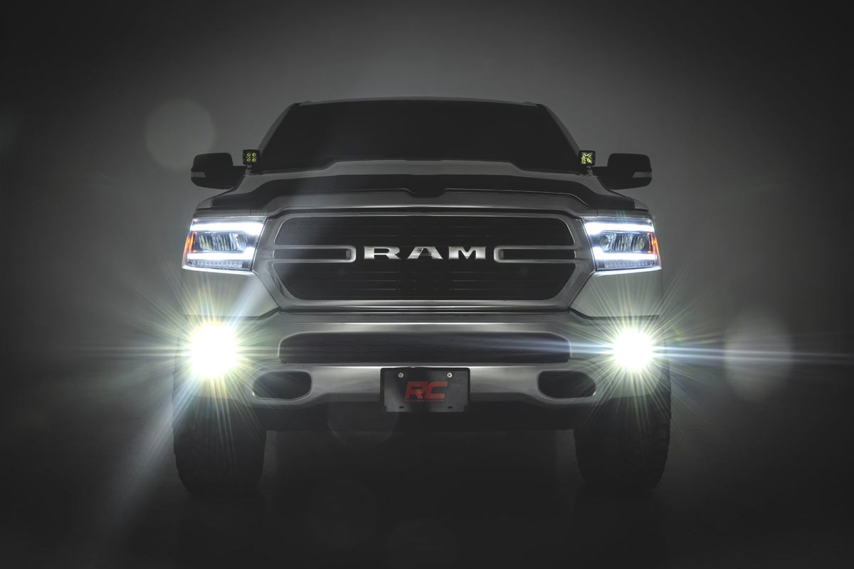 Rough Country 30005 LED Fog Light Kit | 3.5 Inch Round Black Series | Amber DRL | Ram 1500 (2019-2024) - Studio View 3