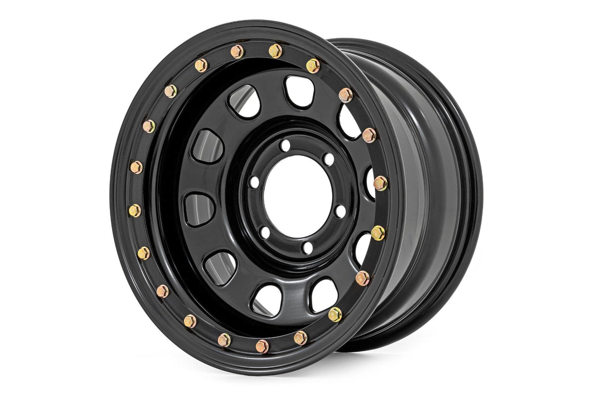RC Steel Simulated Bead Lock Wheel | Black | 16x8 | 6x5.5 | 4.25 Bore | -12 (manufacturer page)
