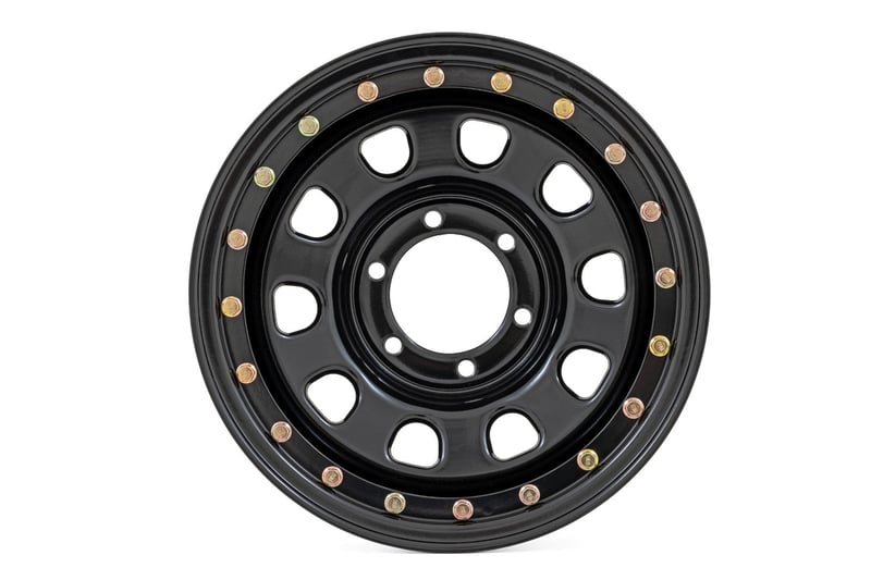 RC Steel Simulated Bead Lock Wheel | Black | 16x8 | 6x5.5 | 4.25 Bore | -12 (manufacturer page)