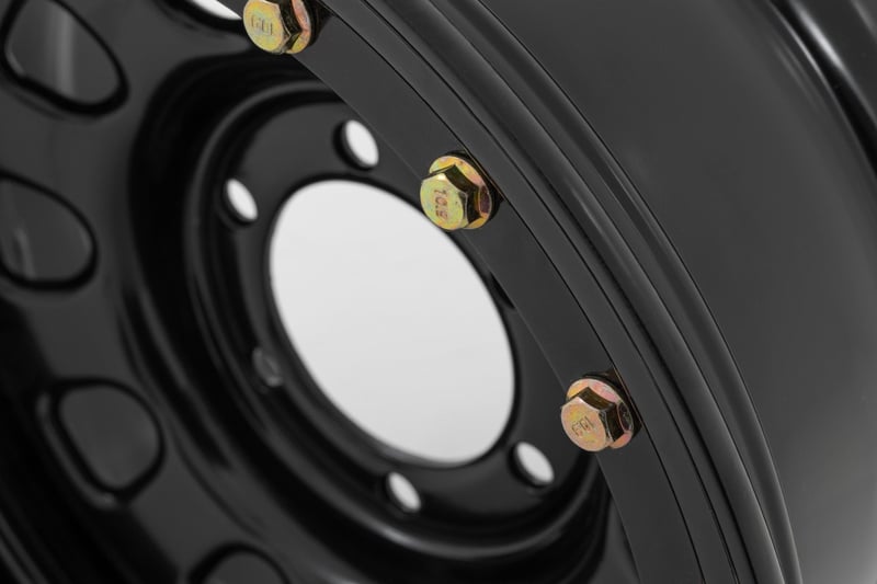 RC Steel Simulated Bead Lock Wheel | Black | 16x8 | 6x5.5 | 4.25 Bore | -12 (manufacturer page)