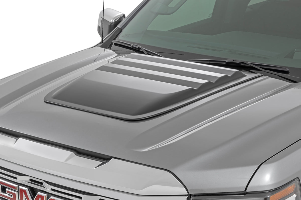 RC Hood Scoop | G1K Stone Blue | GMC Sierra 1500 2WD/4WD (2019-2026) (manufacturer page)