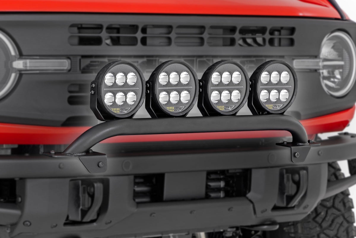 RC Light Bar Mount | 3.5" Round LED (Quad) | Black | Amber DRL | OE Modular Steel | Ford Bronco (21-24) (manufacturer page)