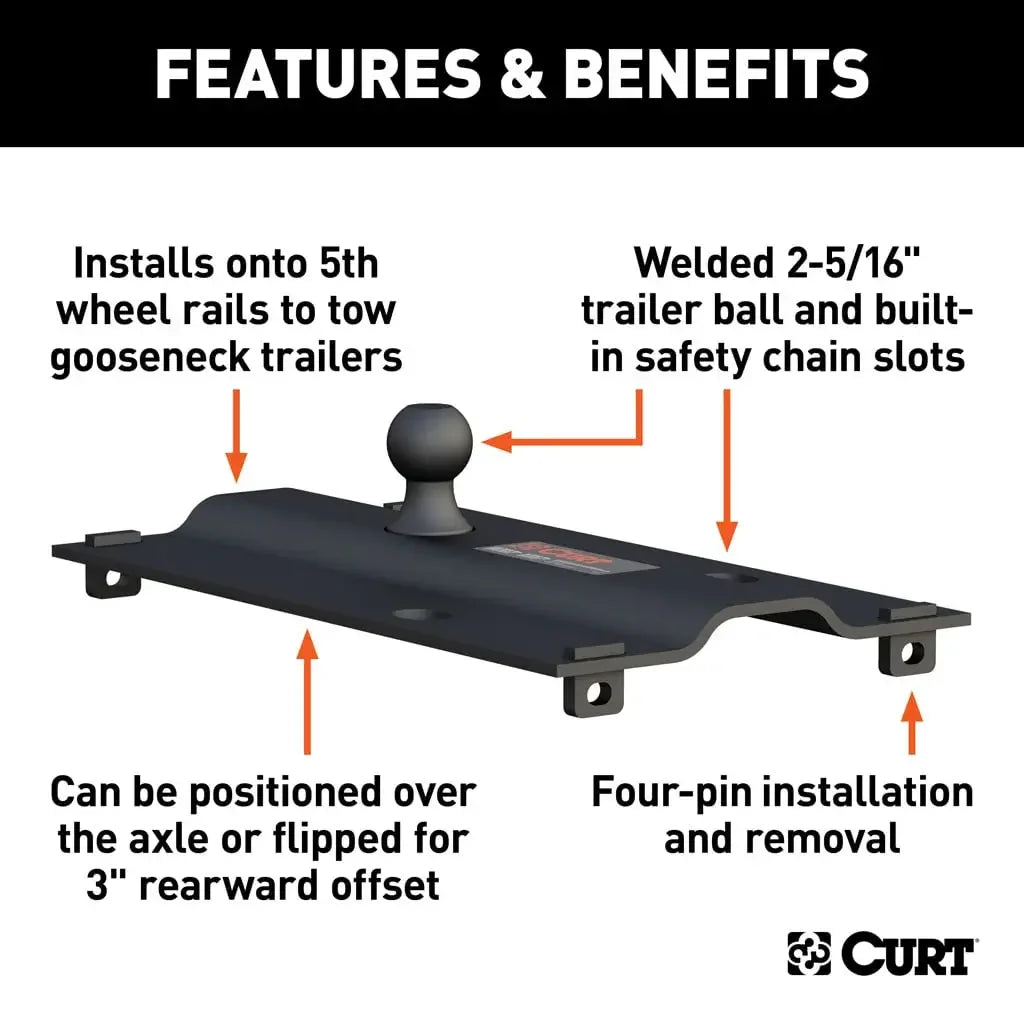 CURT 16055 Bent Plate 5th Wheel Rail Gooseneck Hitch with 2-5/16" Ball, 25K (3" Offset) - View 3