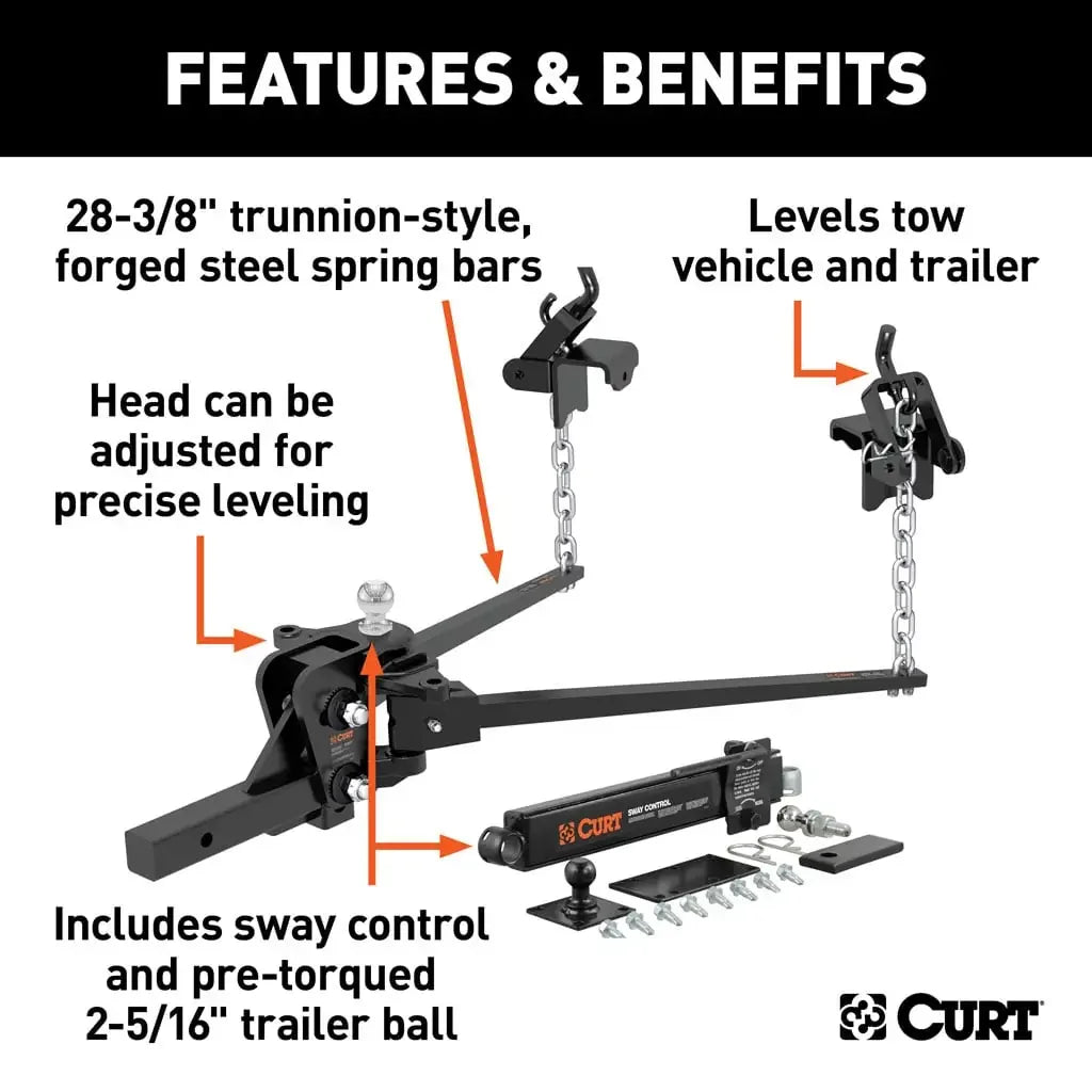 CURT 17422 Short Trunnion Bar Weight Distribution Hitch with Sway Control (10-15K, 28-3/8") - View 3