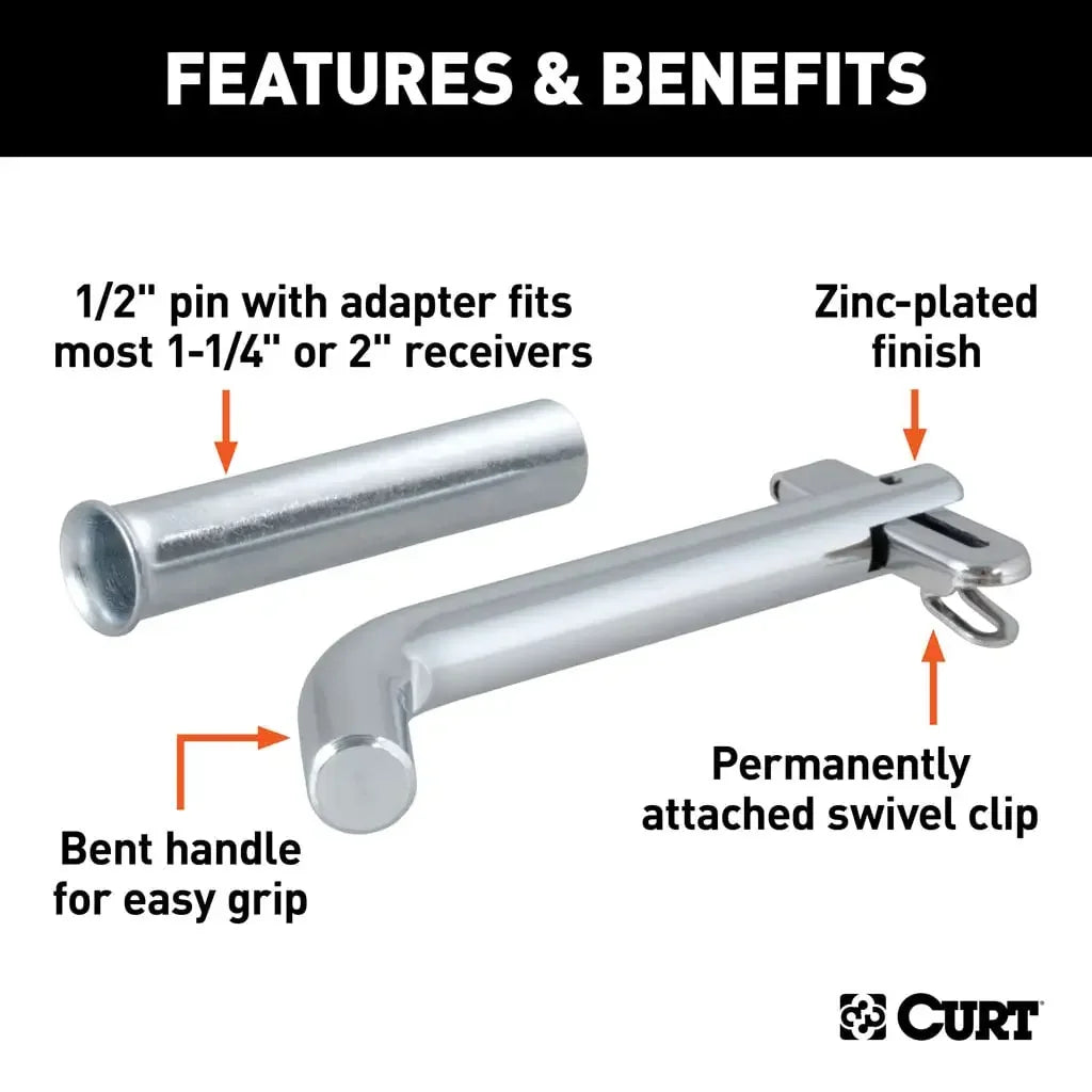 CURT 21561 1/2" Swivel Hitch Pin with 5/8" Adapter (1-1/4" or 2" Receiver, Zinc, Packaged) - View 3