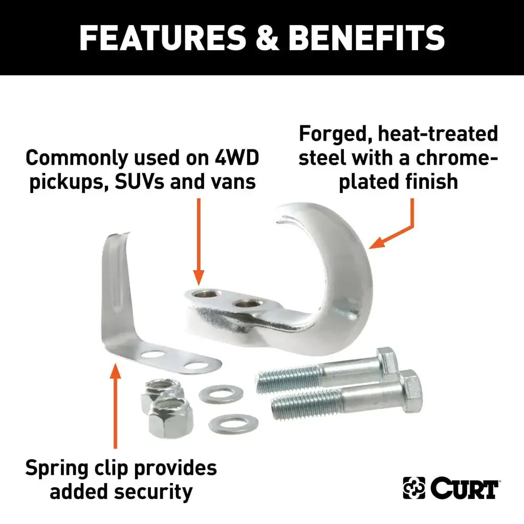 CURT 22401 Tow Hook with Hardware (10,000 lbs., Chrome) - View 3