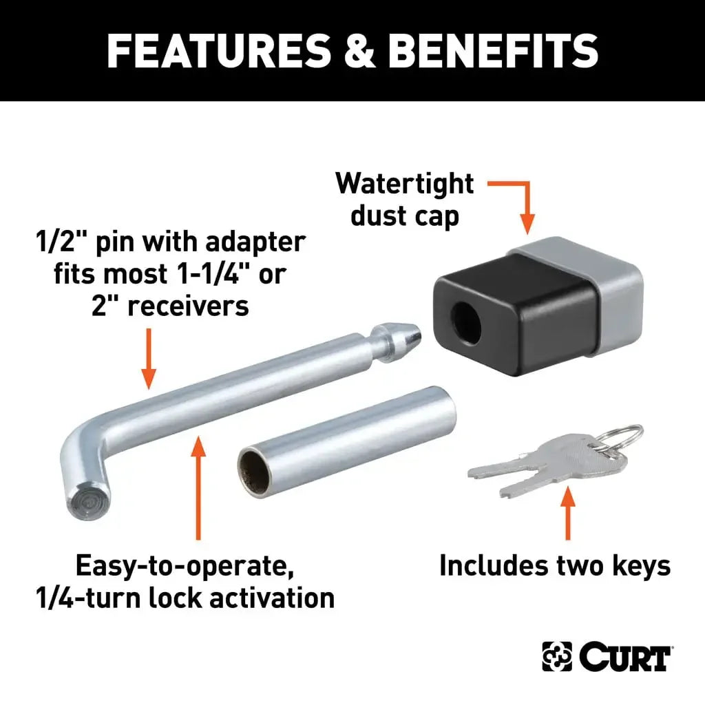 CURT 23024 1/2" Hitch Lock with 5/8" Adapter (1-1/4" or 2" Receiver, Deadbolt, Chrome) - View 3
