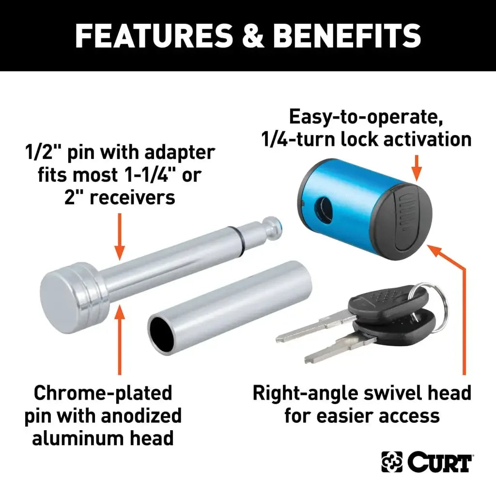 CURT 23506 1/2" Hitch Lock with 5/8" Adapter (1-1/4" or 2" Receiver, Right-Angle, Chrome) - View 3