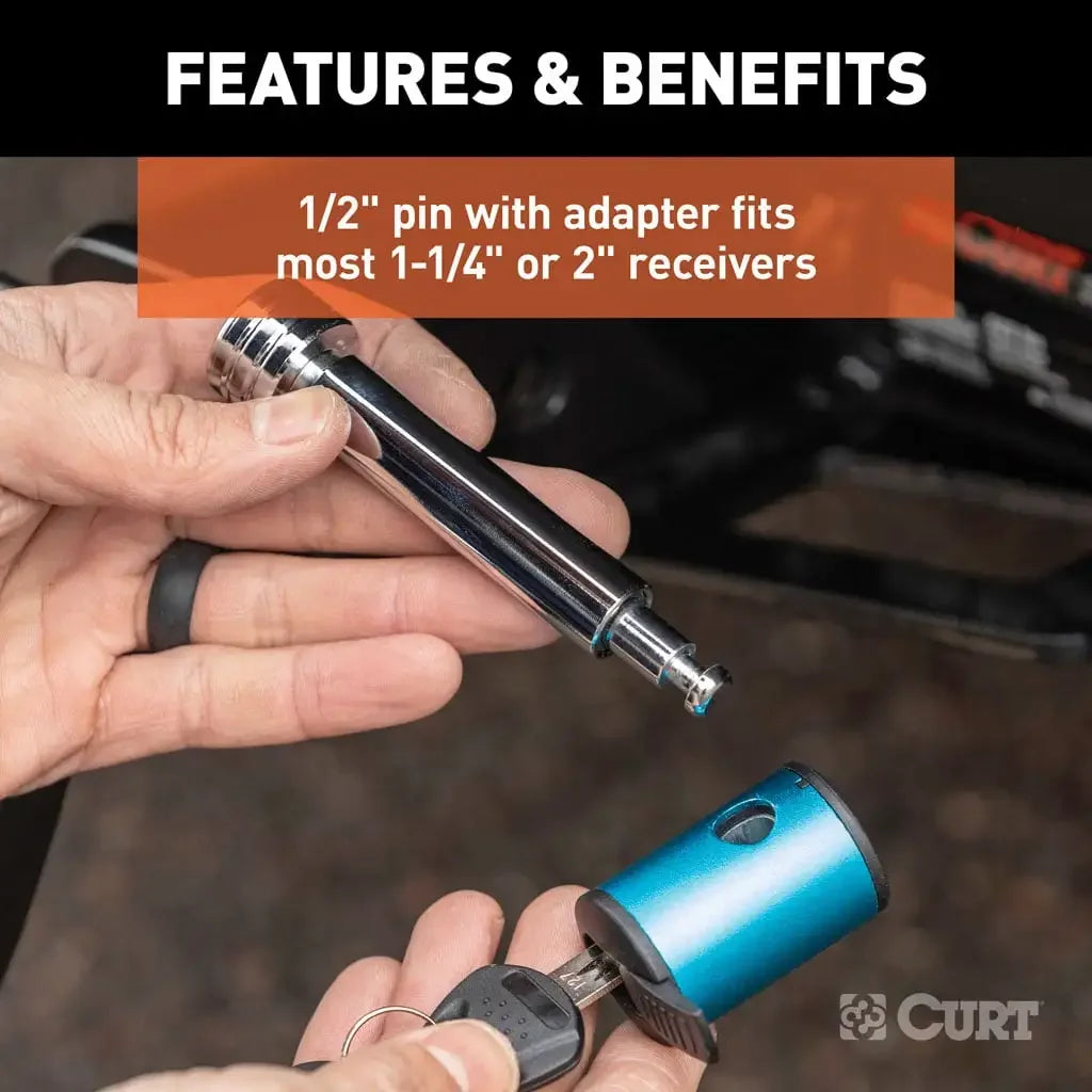 CURT 23506 1/2" Hitch Lock with 5/8" Adapter (1-1/4" or 2" Receiver, Right-Angle, Chrome) - View 4