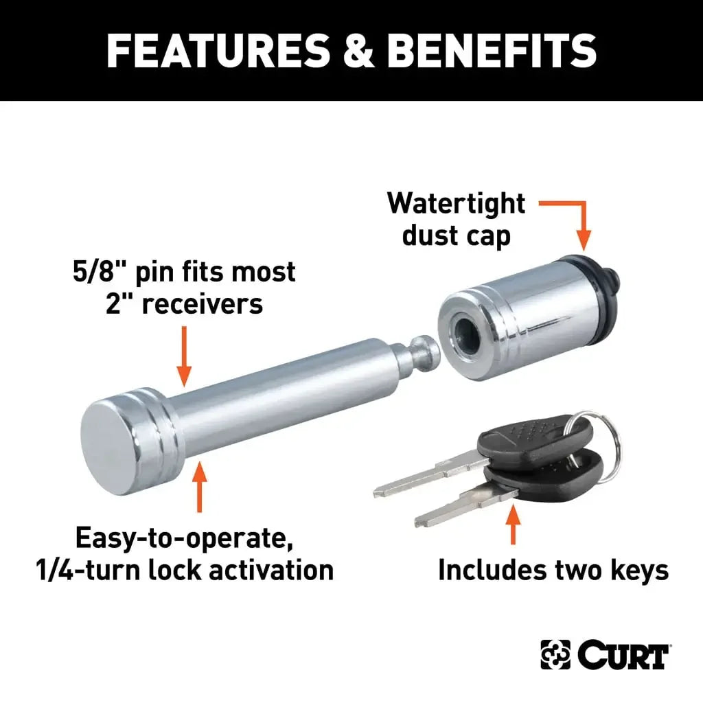 CURT 23515 5/8" Hitch Lock (2" Receiver, Barbell, Chrome) - View 3
