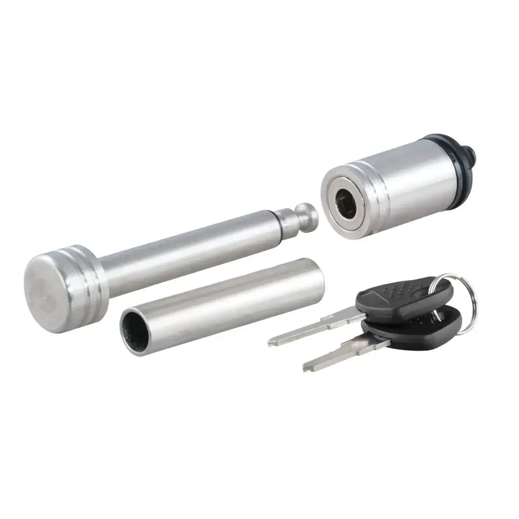 CURT 23517 1/2" Hitch Lock with 5/8" Adapter (1-1/4" or 2" Receiver, Barbell, Stainless) - View 1