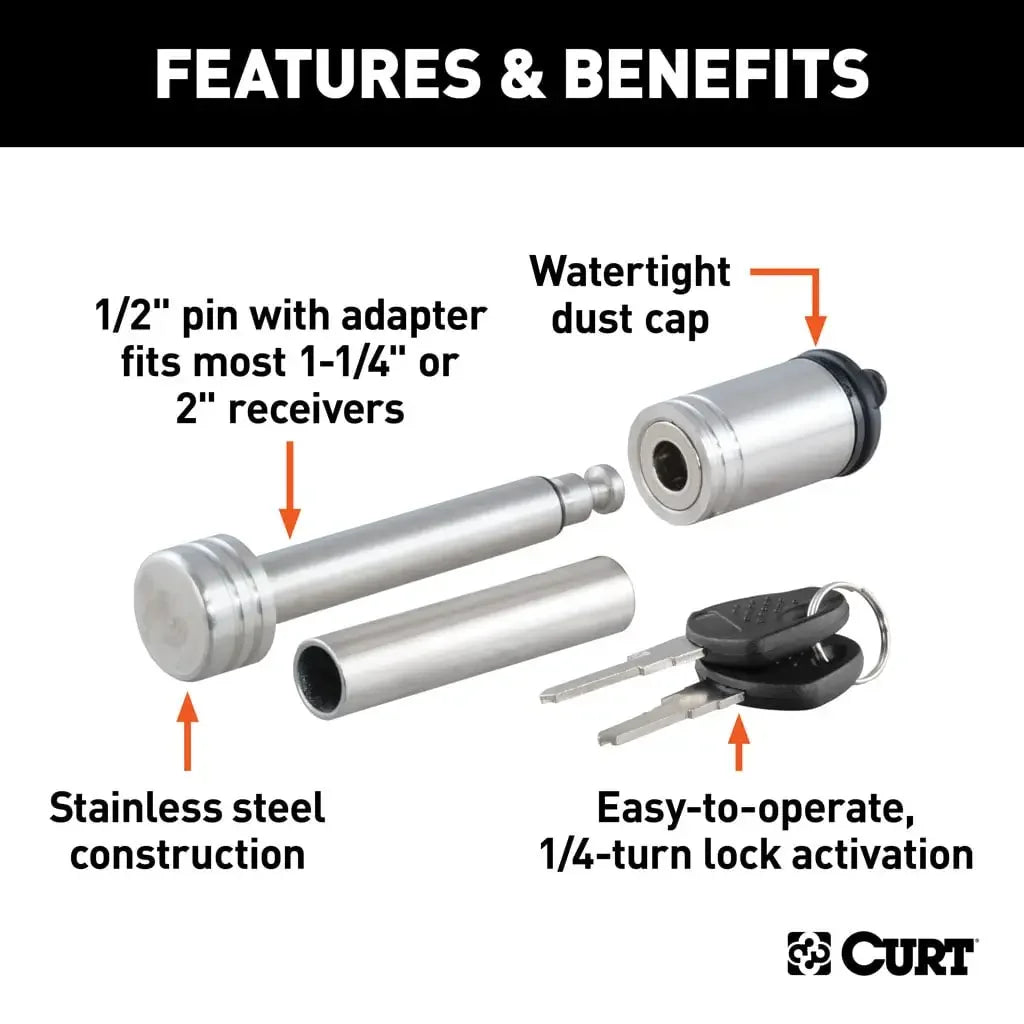 CURT 23517 1/2" Hitch Lock with 5/8" Adapter (1-1/4" or 2" Receiver, Barbell, Stainless) - View 3