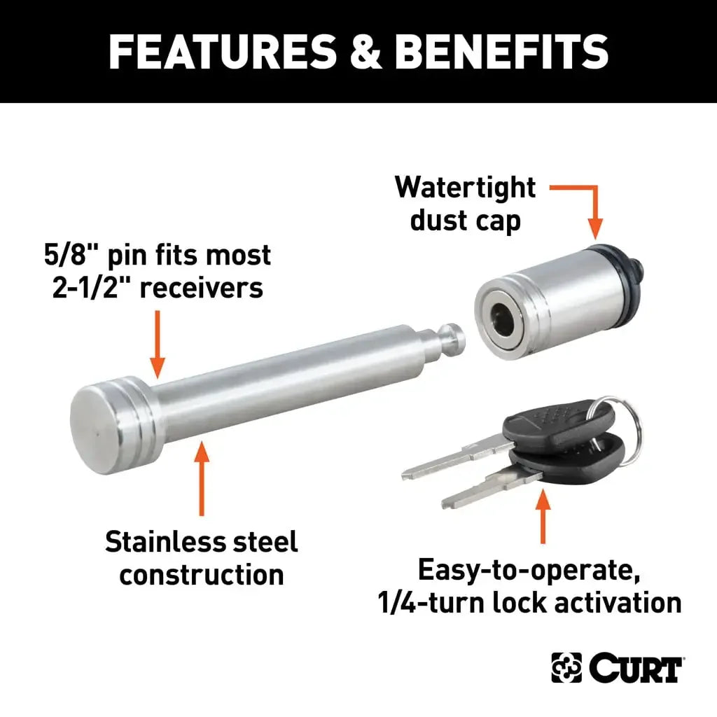 CURT 23519 5/8" Hitch Lock (2" or 2-1/2" Receiver, Barbell, Stainless) - View 3