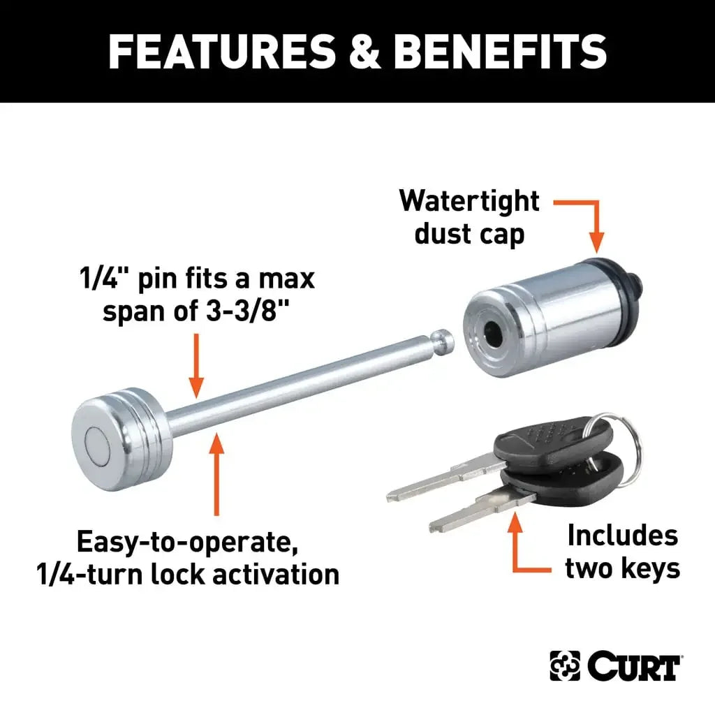 CURT 23523 Coupler Lock (1/4" Pin, 3-3/8" Latch Span, Barbell, Chrome) - View 3