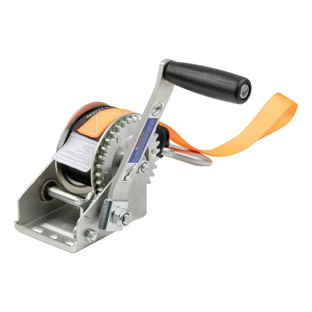 CURT 25002 Hand Crank Winch with 15' Strap & Bow Loop (900 lbs, 6.5" Handle) - View 1
