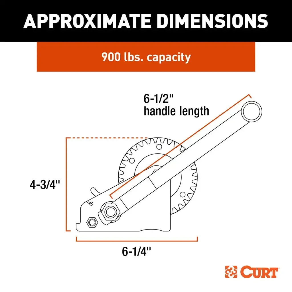 CURT 25002 Hand Crank Winch with 15' Strap & Bow Loop (900 lbs, 6.5" Handle) - View 2