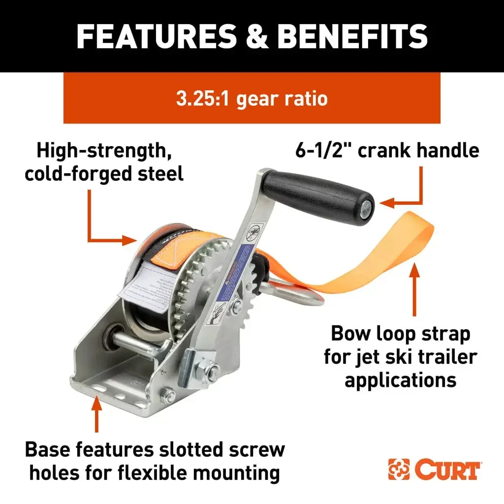 CURT 25002 Hand Crank Winch with 15' Strap & Bow Loop (900 lbs, 6.5" Handle) - View 3