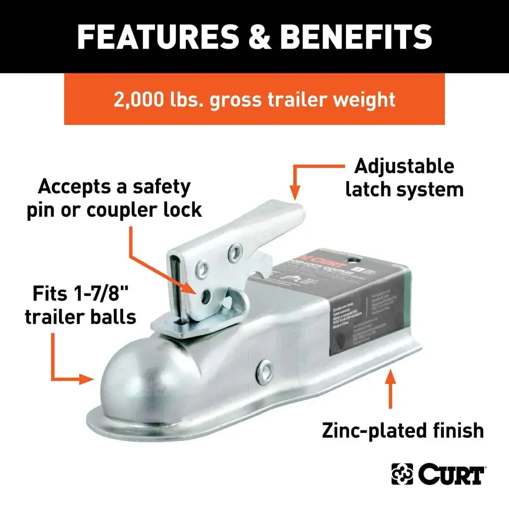 CURT 25105 1-7/8" Straight-Tongue Coupler with Posi-Lock (2-1/2" Channel, 2,000 lbs, Zinc) - View 3