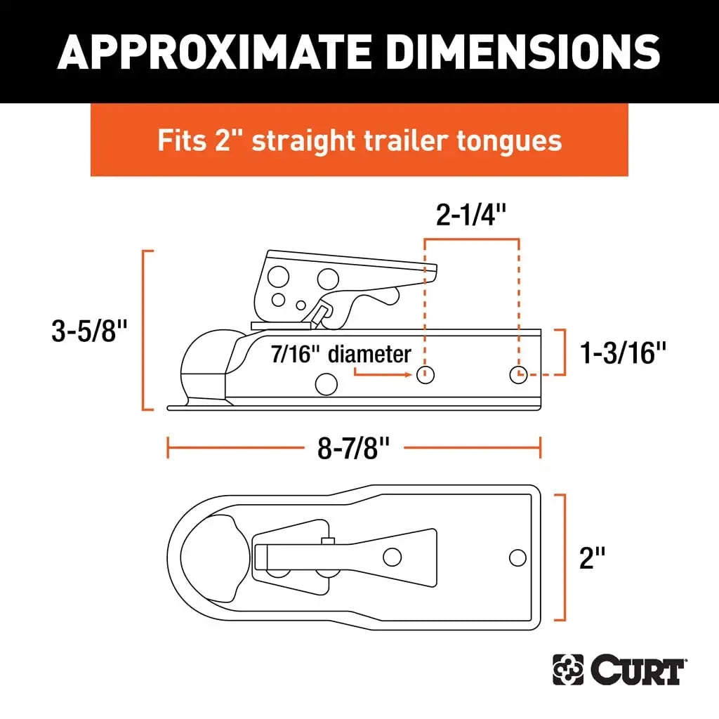 CURT 25128 1-7/8" Straight-Tongue Coupler with Posi-Lock (2" Channel, 2,000 lbs, Zinc) - View 2