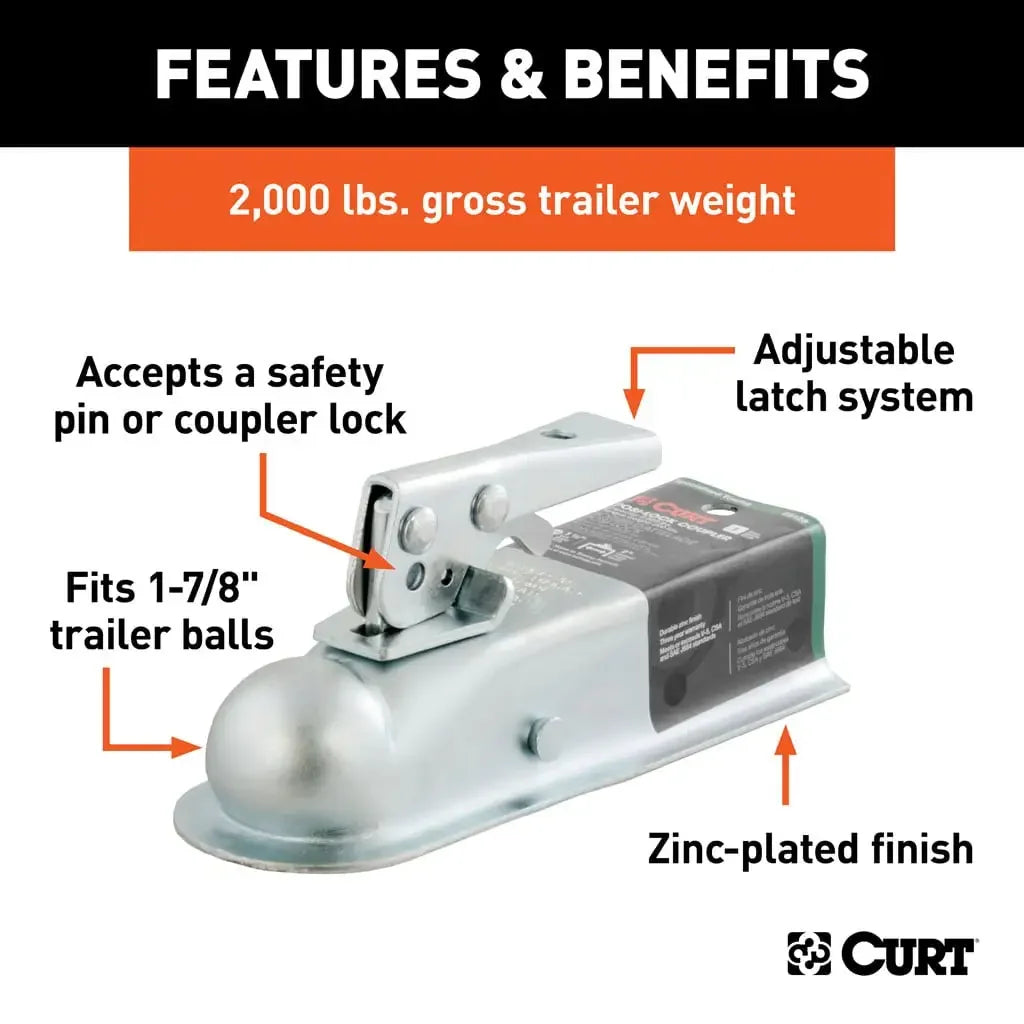 CURT 25128 1-7/8" Straight-Tongue Coupler with Posi-Lock (2" Channel, 2,000 lbs, Zinc) - View 3
