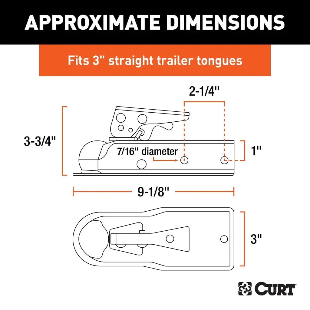 CURT 25131 1-7/8" Straight-Tongue Coupler with Posi-Lock (3" Channel, 2,000 lbs, Zinc) - View 2