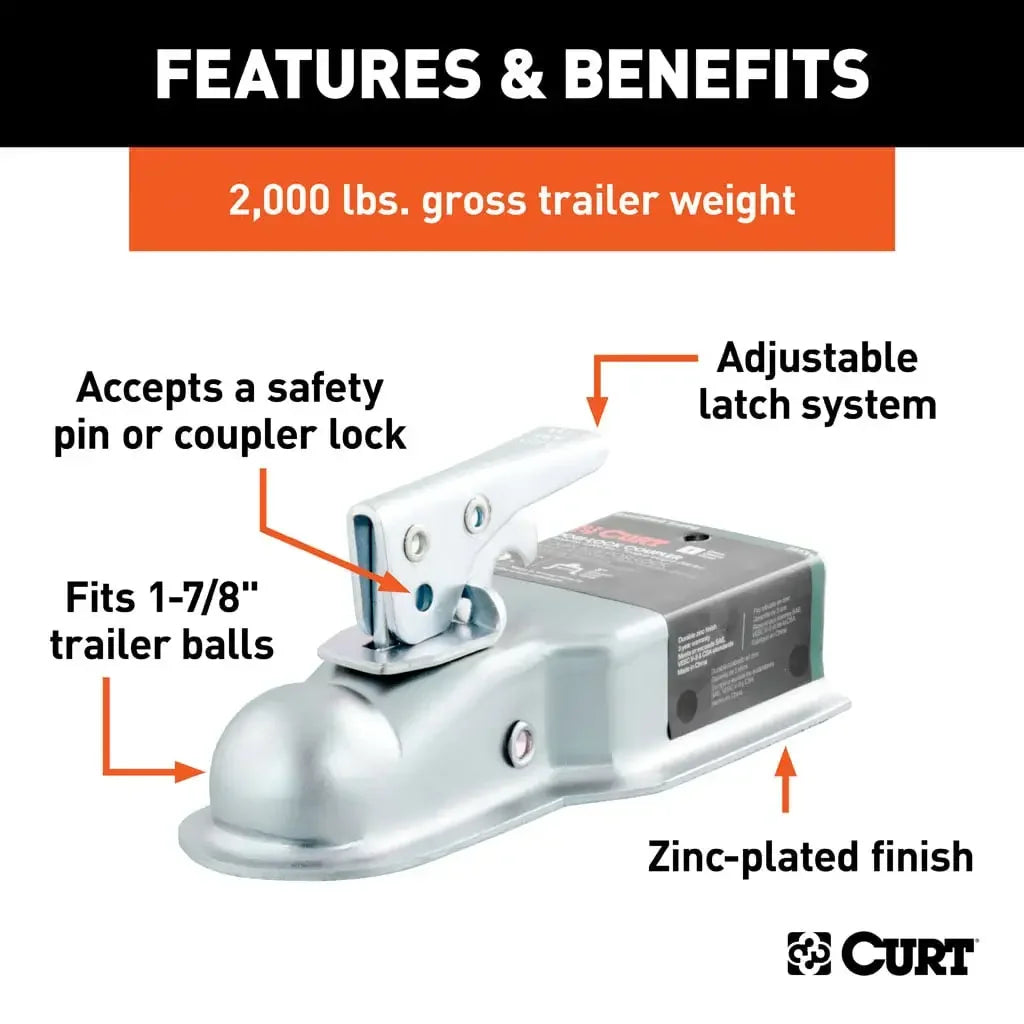 CURT 25131 1-7/8" Straight-Tongue Coupler with Posi-Lock (3" Channel, 2,000 lbs, Zinc) - View 3