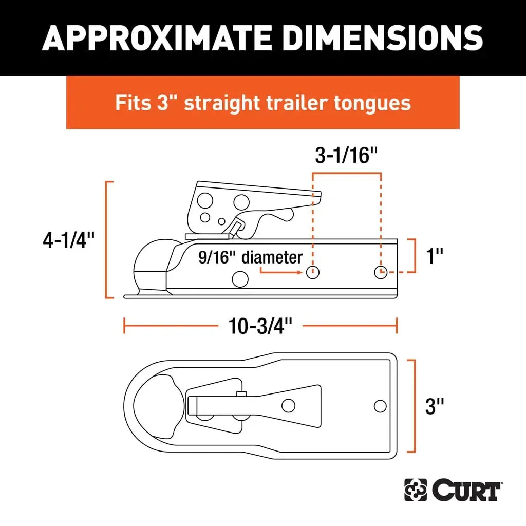 CURT 25138 2" Straight-Tongue Coupler with Posi-Lock (3" Channel, 3,500 lbs, Zinc) - View 2