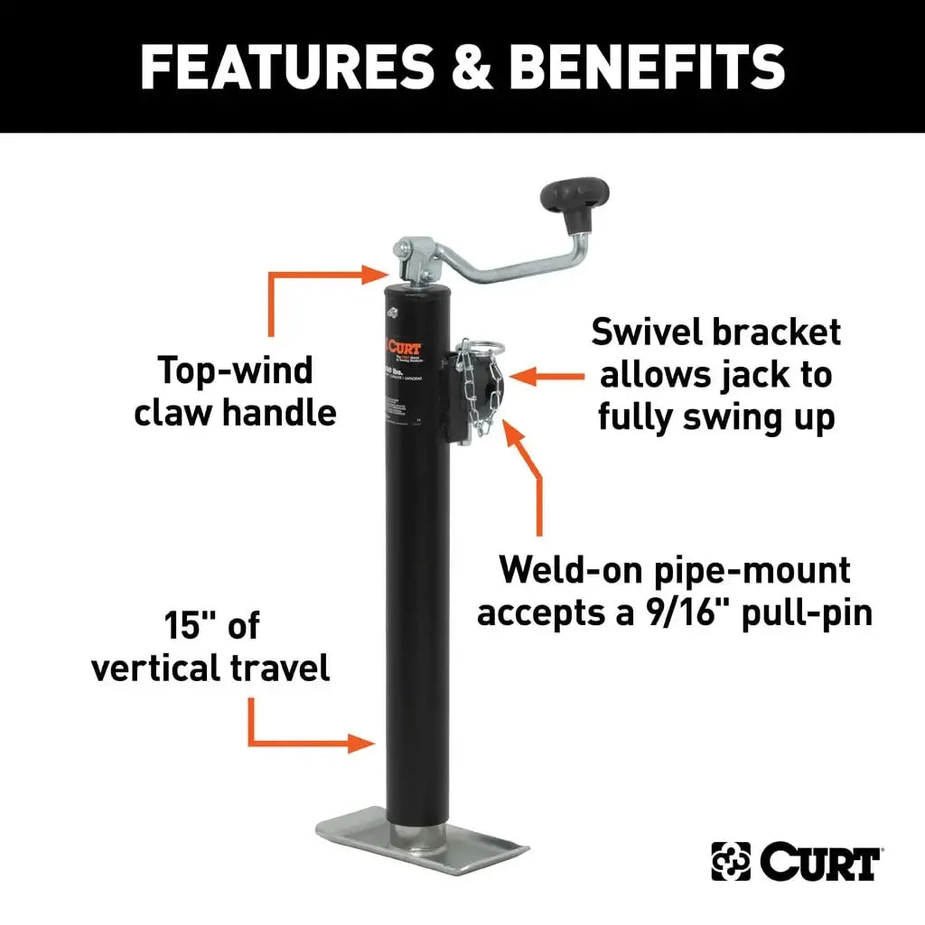 CURT 28323 Pipe-Mount Swivel Jack with Top Handle (2,000 lbs, 15" Travel, Packaged) - View 3