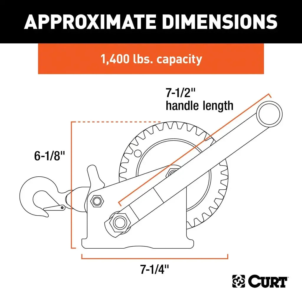 CURT 29435 Hand Crank Winch with 20' Strap (1,400 lbs, 7-1/2" Handle) - View 2