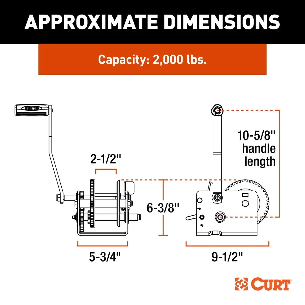 CURT 29520 Hand-Crank 2-Speed Winch, 2,000 lbs, 10.25:1 Low Gear Ratio, 10.6" Handle - View 3