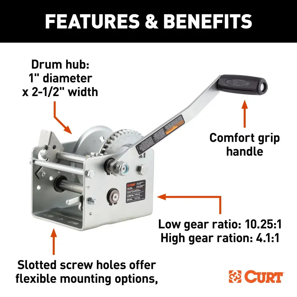 CURT 29520 Hand-Crank 2-Speed Winch, 2,000 lbs, 10.25:1 Low Gear Ratio, 10.6" Handle - View 5