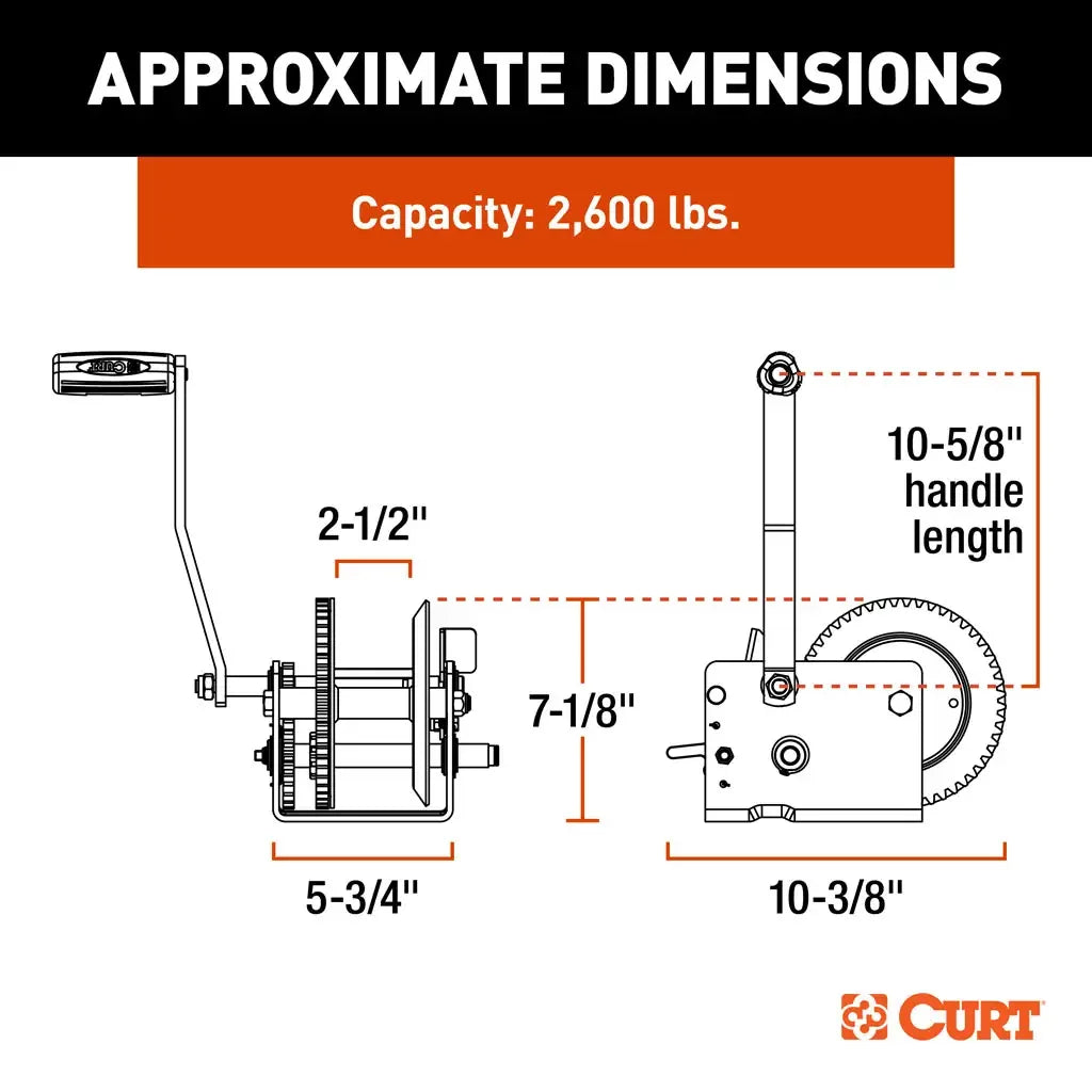 CURT 29526 Hand-Crank 2-Speed Winch, 2,600 lbs, 12.7:1 Low Gear Ratio, 10.6" Handle - View 3