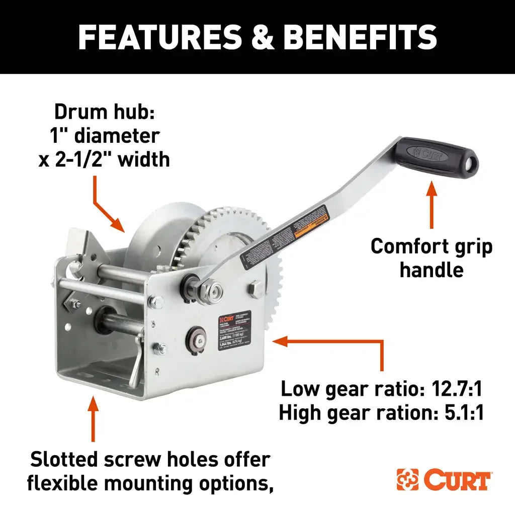 CURT 29526 Hand-Crank 2-Speed Winch, 2,600 lbs, 12.7:1 Low Gear Ratio, 10.6" Handle - View 5