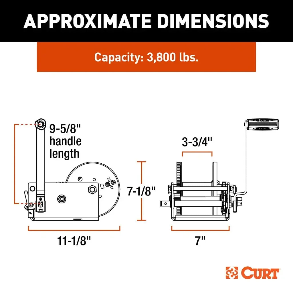 CURT 29538 Hand-Crank 2-Speed Winch, 3,800 lbs, 15.8:1 Low Gear Ratio, 9.6" Handle - View 3