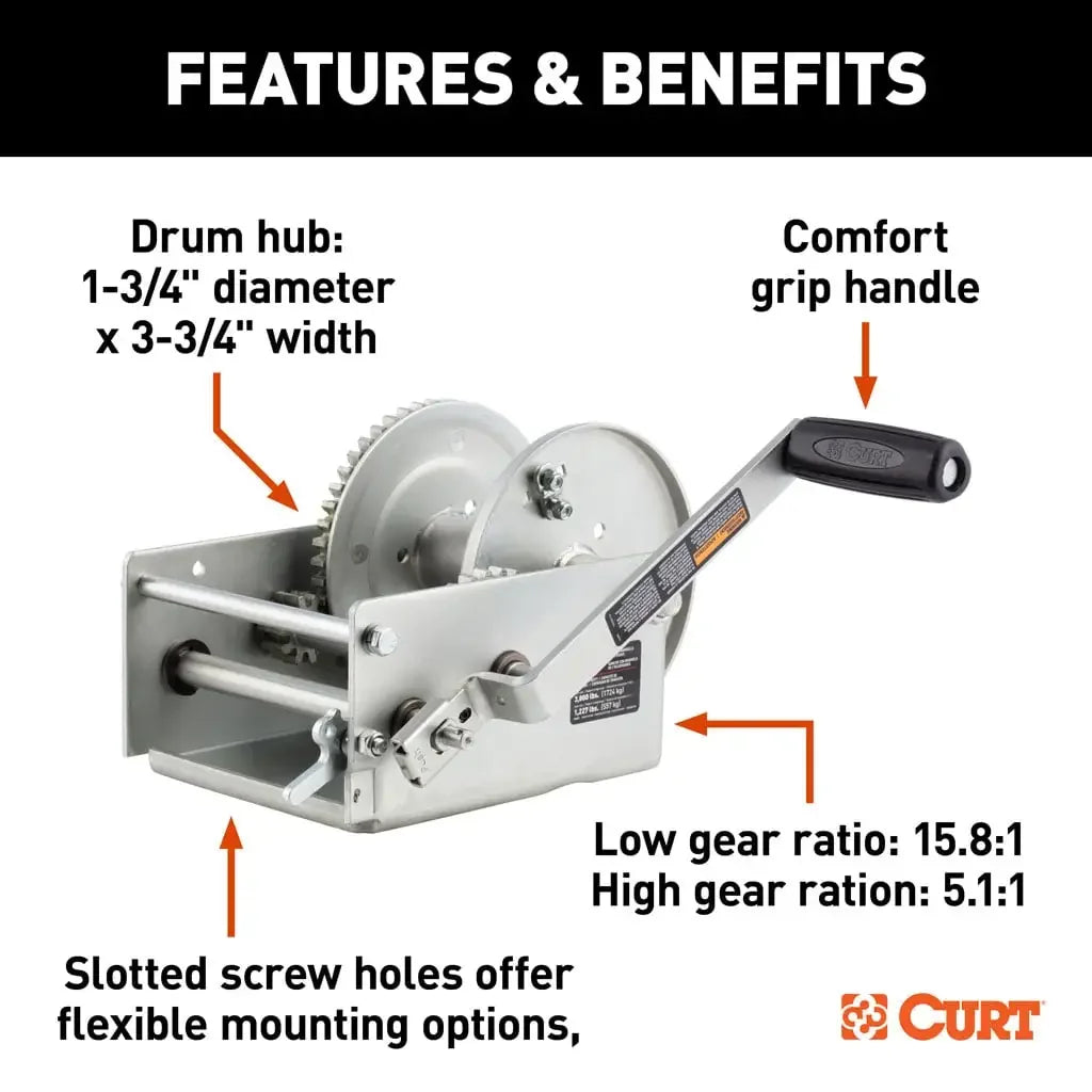 CURT 29538 Hand-Crank 2-Speed Winch, 3,800 lbs, 15.8:1 Low Gear Ratio, 9.6" Handle - View 5