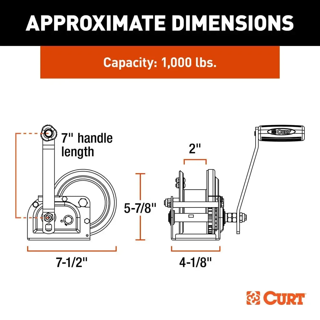 CURT 29610 Hand-Crank Brake Winch, 1,000 lbs, 4.2:1 Gear Ratio, 7" Handle - View 3