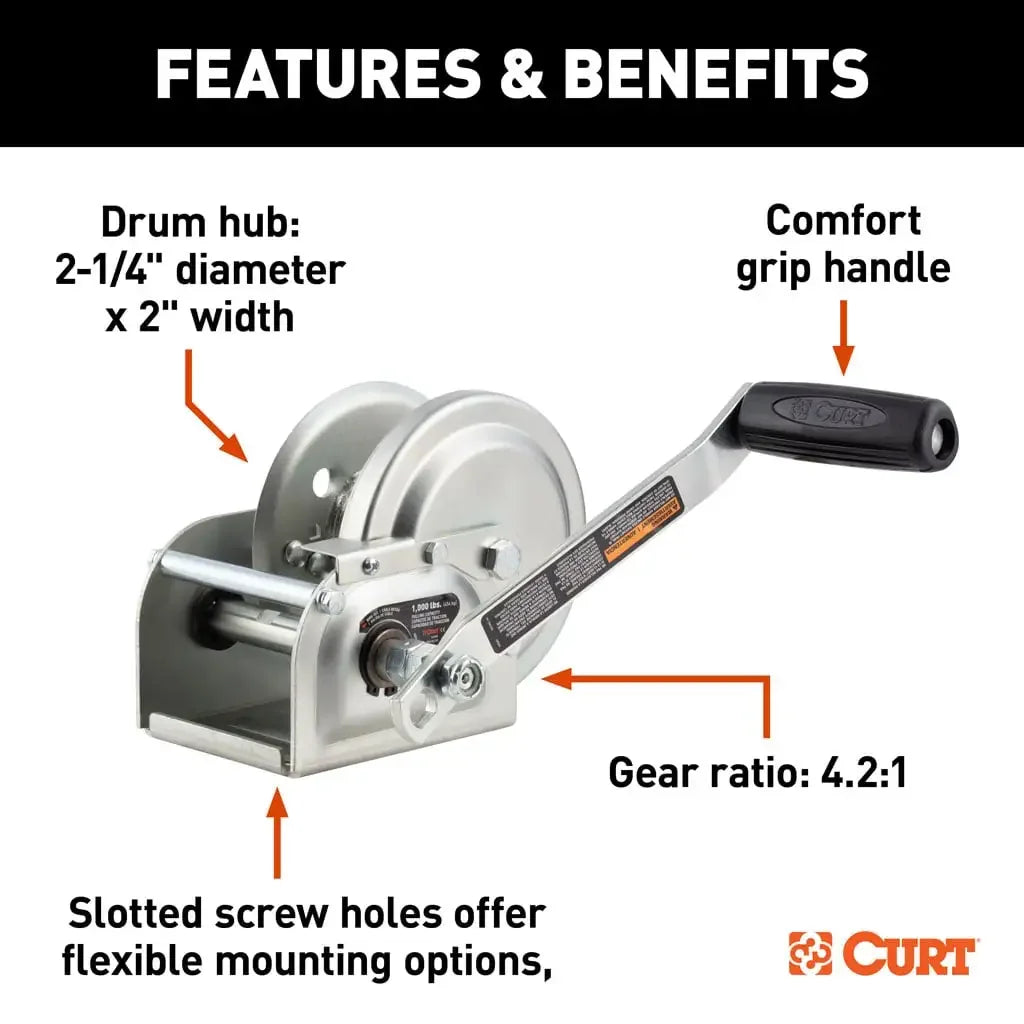 CURT 29610 Hand-Crank Brake Winch, 1,000 lbs, 4.2:1 Gear Ratio, 7" Handle - View 5