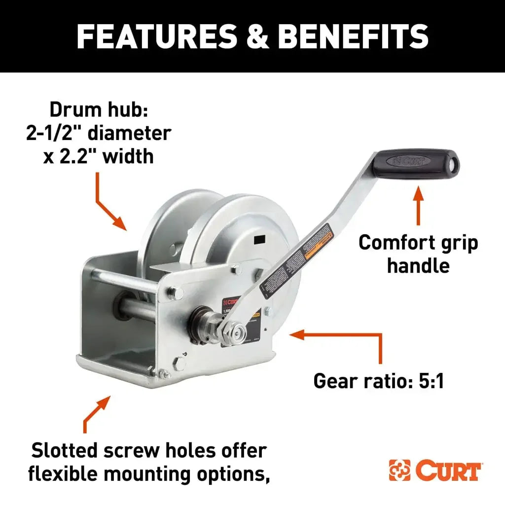 CURT 29615 Hand-Crank Brake Winch, 1,500 lbs, 5:1 Gear Ratio, 10.6" Handle - View 5