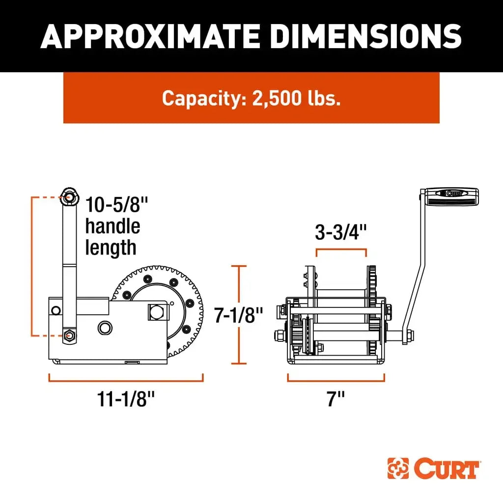 CURT 29625 Hand-Crank Brake Winch, 2,500 lbs, 15.8:1 Gear Ratio, 10.6" Handle - View 3