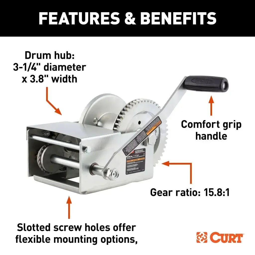 CURT 29625 Hand-Crank Brake Winch, 2,500 lbs, 15.8:1 Gear Ratio, 10.6" Handle - View 5