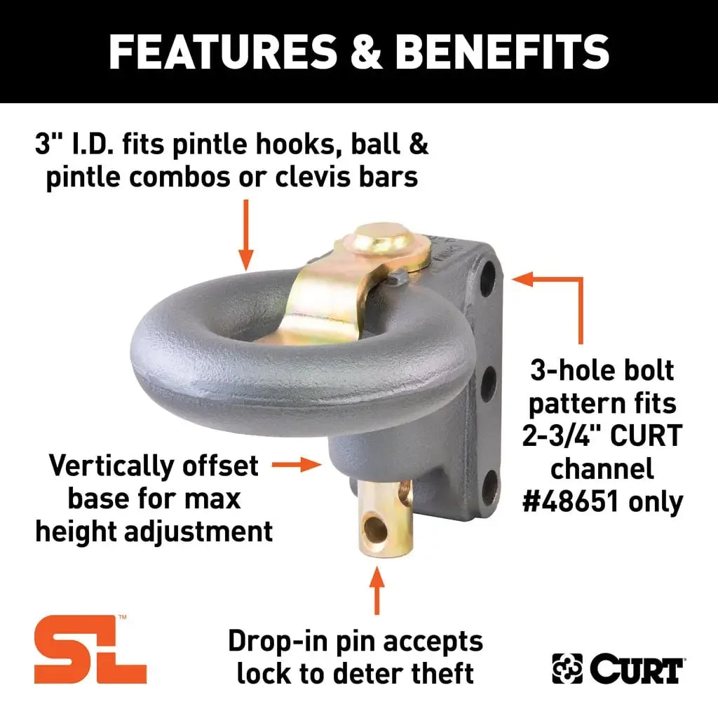 CURT 48626 SecureLatch Channel-Style Lunette Ring (40,000 lbs., 3" ID) - View 3
